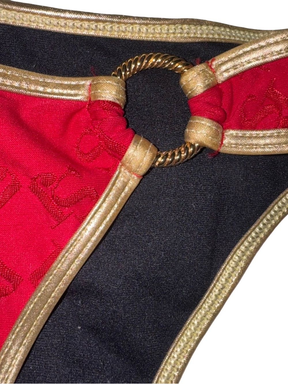 St John Sport Size 12 Top 6 Bottom Bikini Red Gold Ring Halter Luxury Swim Set - Picture 2 of 8